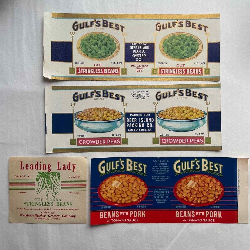 Gulf's Best Leading Lady Can Labels Lot of 4 Vintage Deer Island Packing‎ Co